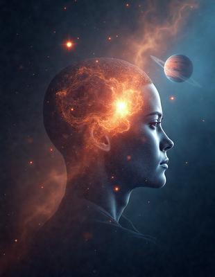 The primary subject of the image is a close-up of a woman's head, with a focus on her face and the surrounding space. The setting is a dark, starry sky, which serves as the backdrop for the image. The visual style is a combination of digital art and illustration, creating a surreal and artistic atmosphere. The colors in the image are predominantly dark, with the starry sky providing a contrasting backdrop. The overall mood of the image is mysterious and thought-provoking.